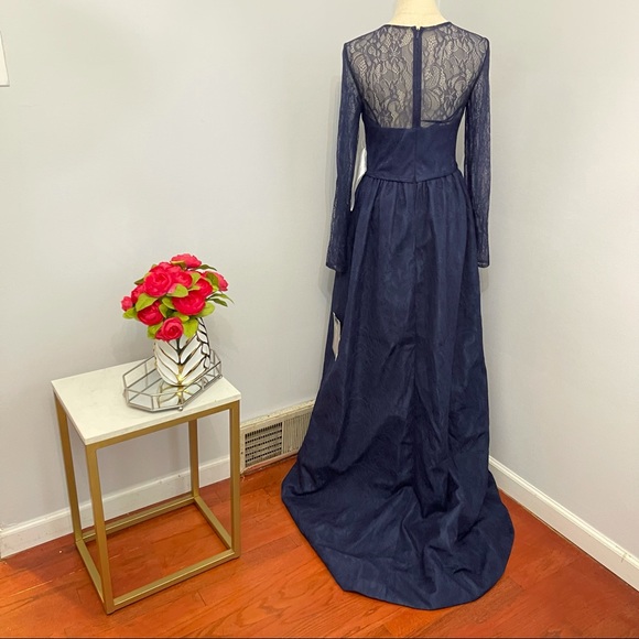 # Mac Duggal Long Sleeve Lace Column Gown With Overskirt - Picture 10 of 16